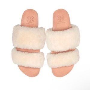 Tory Burch Sheldon Shearling Two-Band Slide in Neutral size 6.5 women